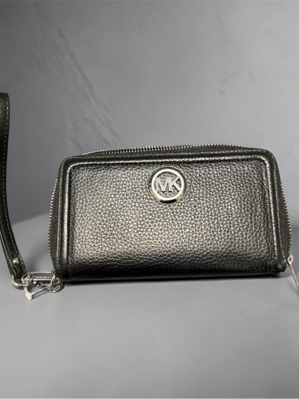 Michael Kors Black Pebbled Leather Zip Wristlet with Silver MK Logo